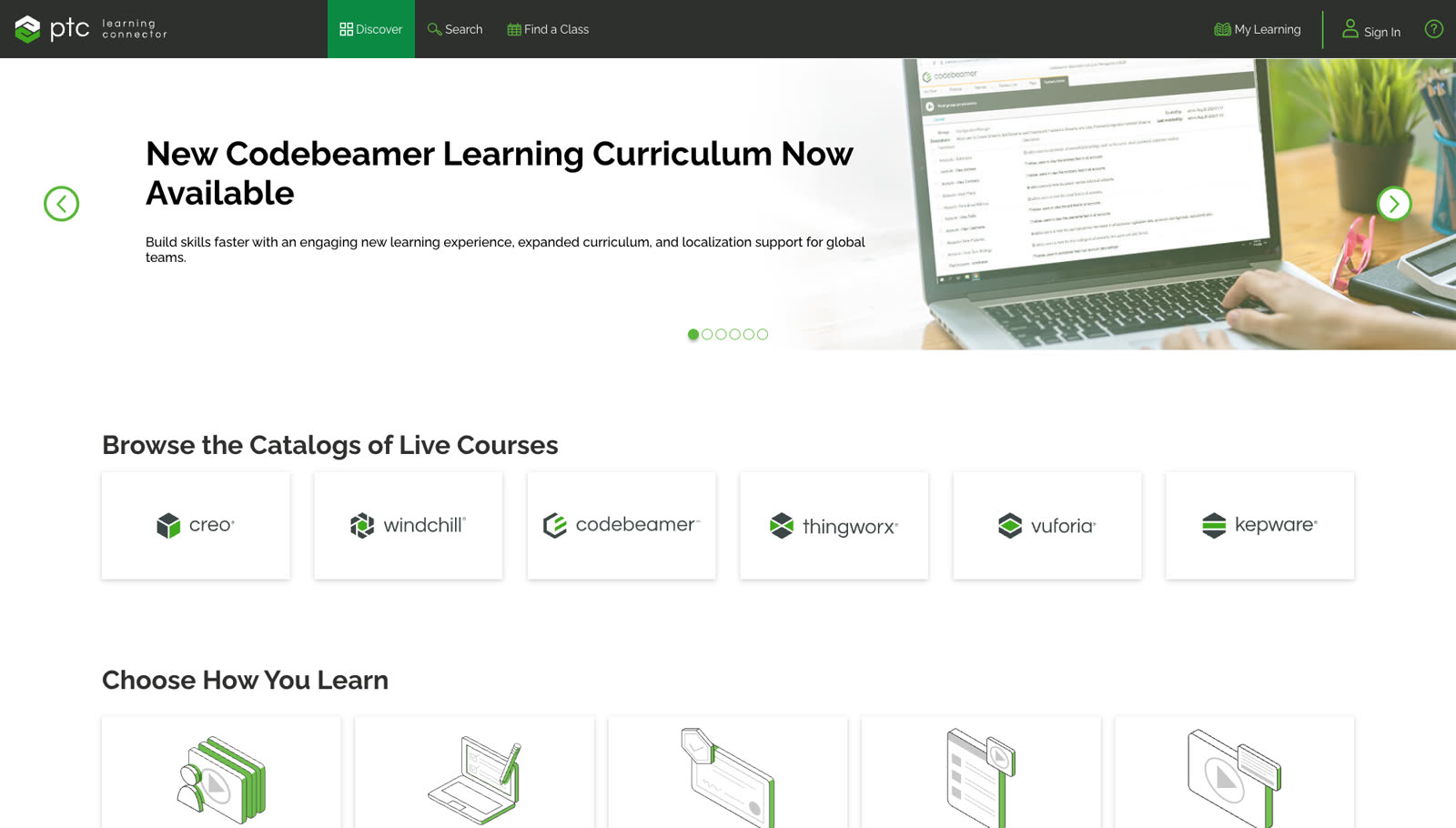 PTC Learning Connector as it runs today: one platform, one catalogue, PTC&rsquo;s product lines as course catalogues