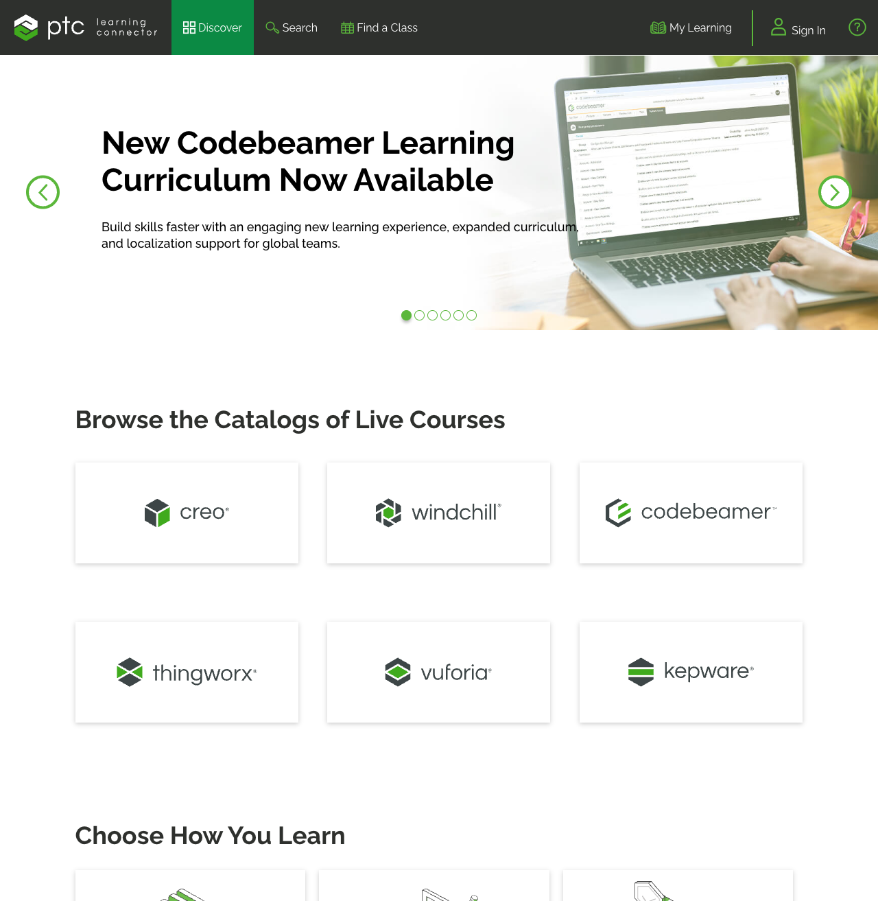 The real Learning Connector, live: PTC-branded discovery page with Discover, Search and Find-a-Class navigation, and live course catalogues for Creo, Windchill, Codebeamer, ThingWorx, Vuforia and Kepware.